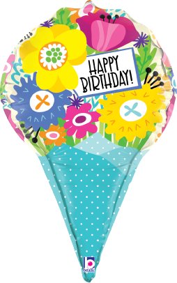 Colorful flower bouquet shaped foil balloon with polka dot blue wrapper and "Happy Birthday!" sign.