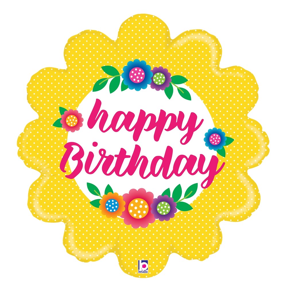 Yellow polka dot flower-shaped foil balloon with colorful floral wreath and "happy Birthday" text in pink cursive.