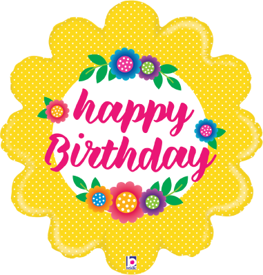 Yellow flower-shaped foil balloon with white polka dots and colorful floral accents surrounding pink "Happy Birthday" text.