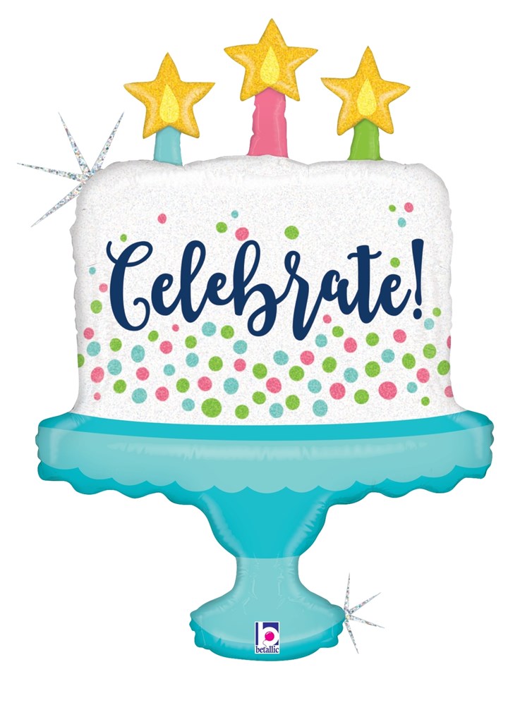 Holographic foil balloon shaped like a white cake with colorful confetti dots, blue "Celebrate!" text, three yellow star.
