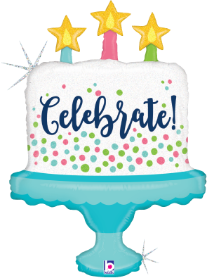 26-inch holographic foil balloon shaped like a white cake with colorful confetti dots, blue "Celebrate!" text, three yellow.
