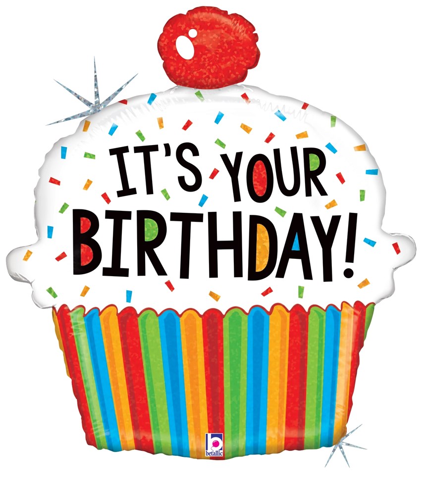 24-inch holographic foil cupcake balloon with rainbow-striped base, white frosting, red cherry, and "It's Your Birthday!".