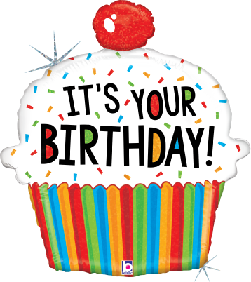24-inch holographic foil balloon shaped like a colorful cupcake with sprinkles, cherry top, and "It's Your Birthday!" text.