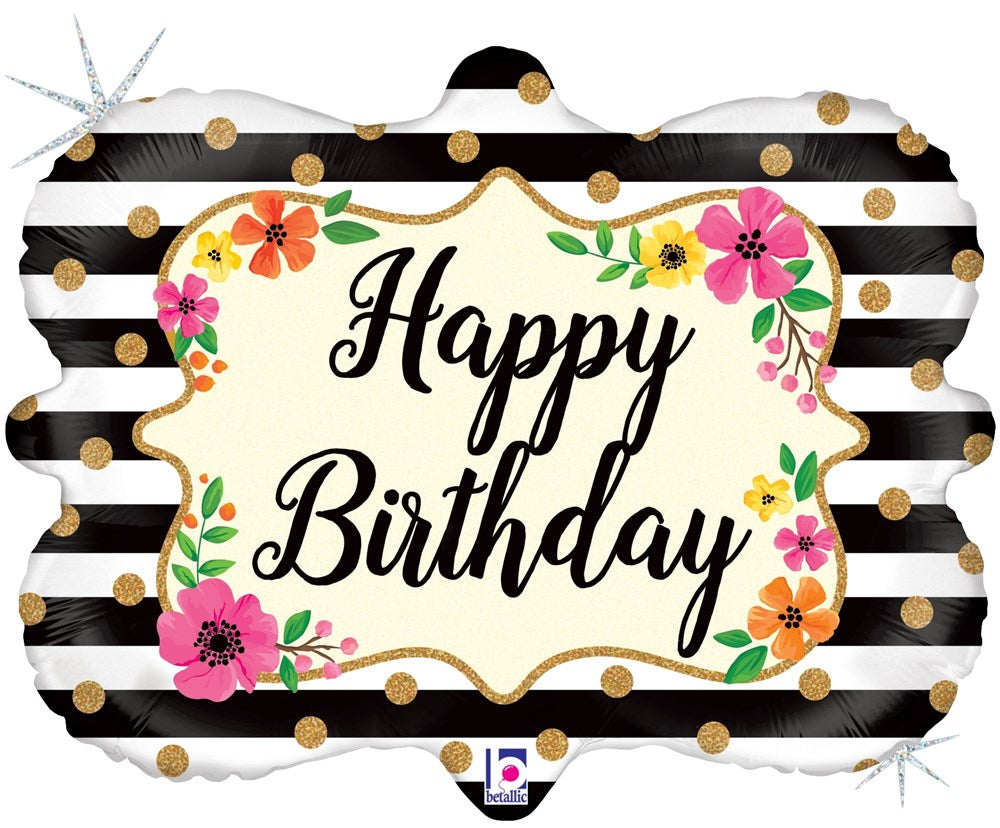 26-inch black and white striped foil balloon with gold trim, floral accents, and "Happy Birthday" text in elegant script.