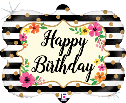 26-inch rectangular balloon with black and white stripes, gold polka dots, floral border, and "Happy Birthday" text in black