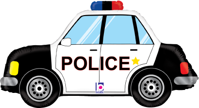 31-inch foil balloon shaped like a black and white police car with red and blue lights on top and “POLICE” text on the side.