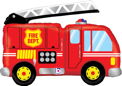 Red fire truck-shaped foil balloon with yellow "FIRE DEPT." badge, silver ladder, and black wheels.