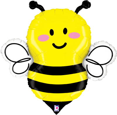 Yellow and black striped bee-shaped foil balloon with pink cheeks and white wings.