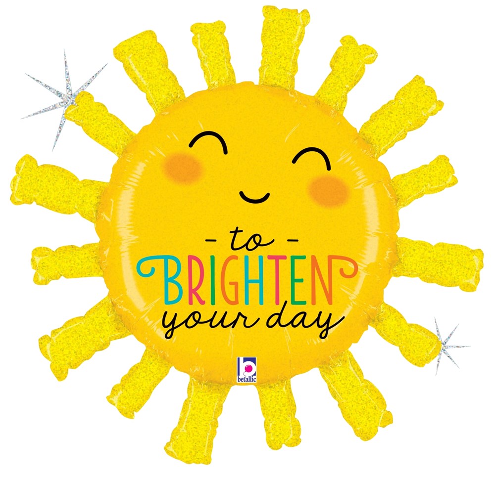 Yellow glitter holographic sun-shaped foil balloon with smiling face and "to brighten your day" text.