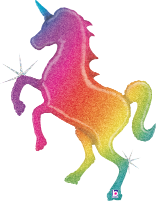 46-inch holographic foil balloon shaped like a prancing unicorn with a multicolor glitter gradient.