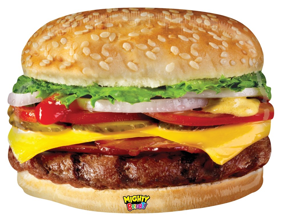 27-inch cheeseburger balloon with sesame seed bun, lettuce, tomato, onion, cheese, and beef patty details.