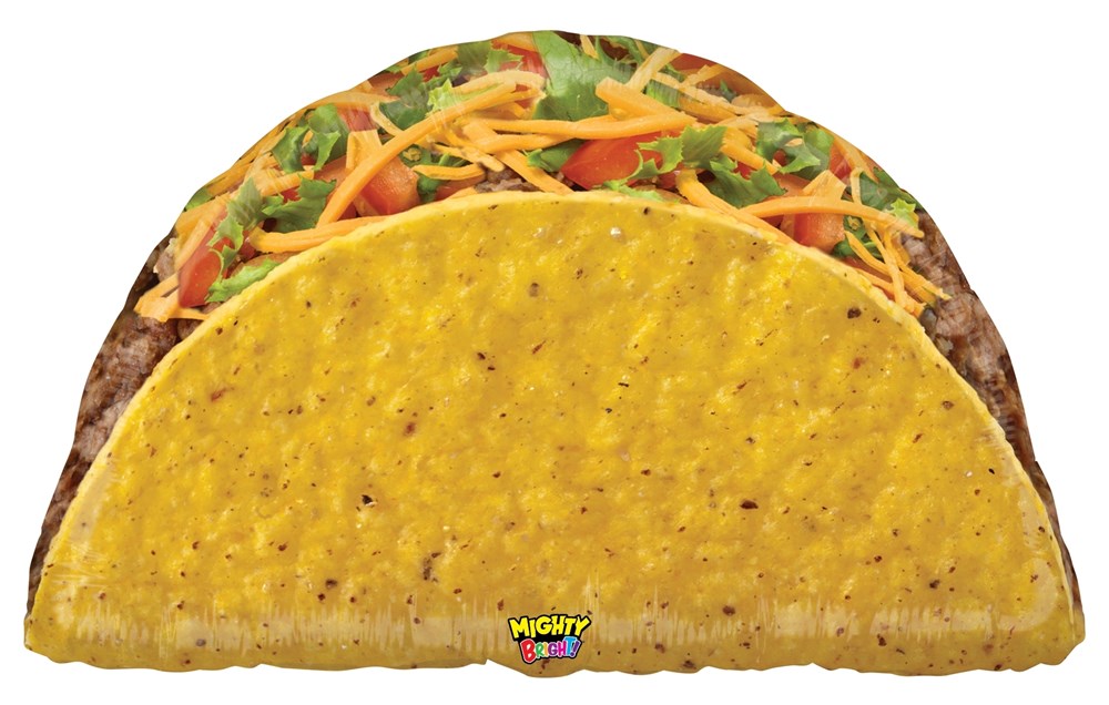 29-inch taco-shaped mylar balloon with yellow shell and colorful lettuce, cheese, and tomato filling design.