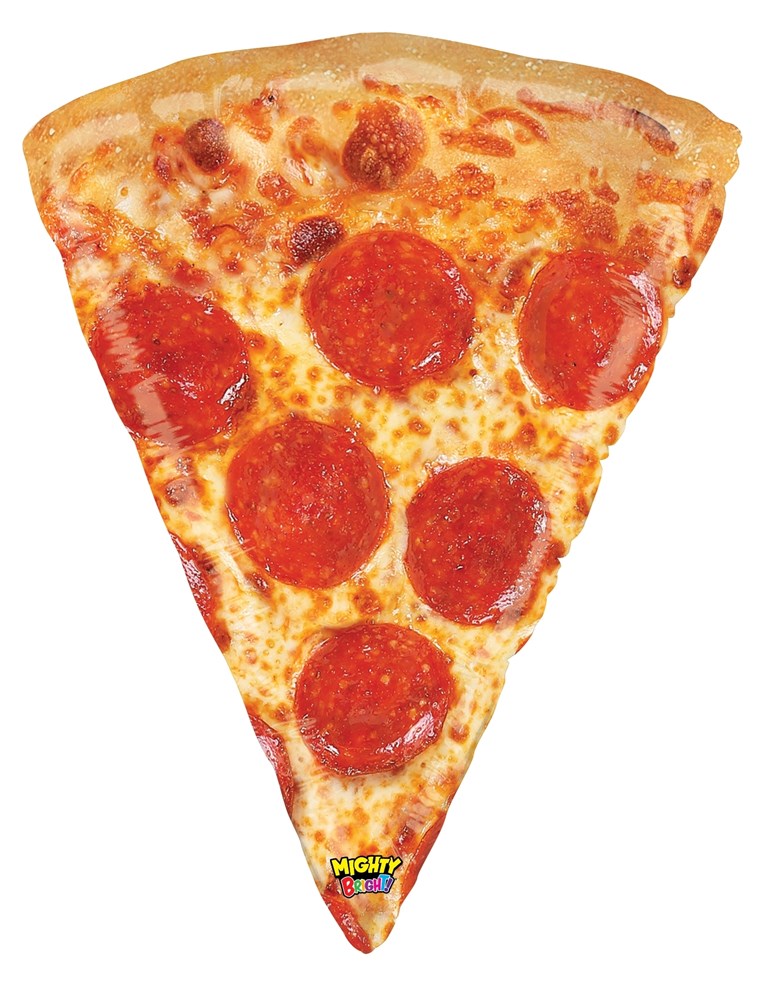 Large 29-inch inflatable pepperoni pizza slice balloon with bright red pepperoni and melted cheese details.