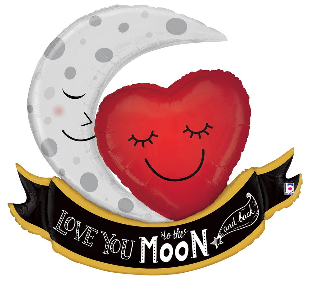 Gray crescent moon with closed eyes and red heart with smiling face hugging, above black banner reading "Love you to the.