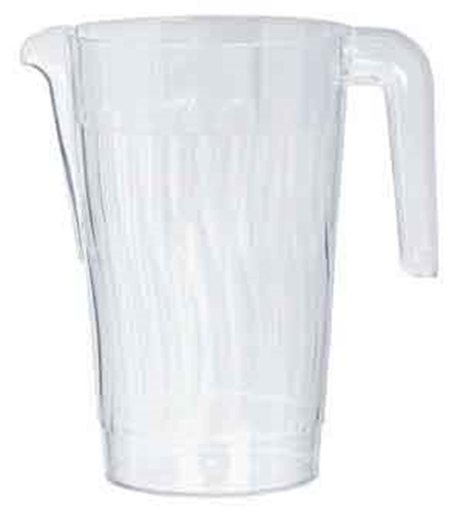 Clear plastic pitcher with a sturdy handle and spout, ribbed sides, 50oz capacity.