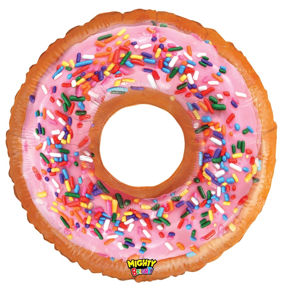 26-inch inflatable donut balloon with pink frosting and colorful sprinkles.