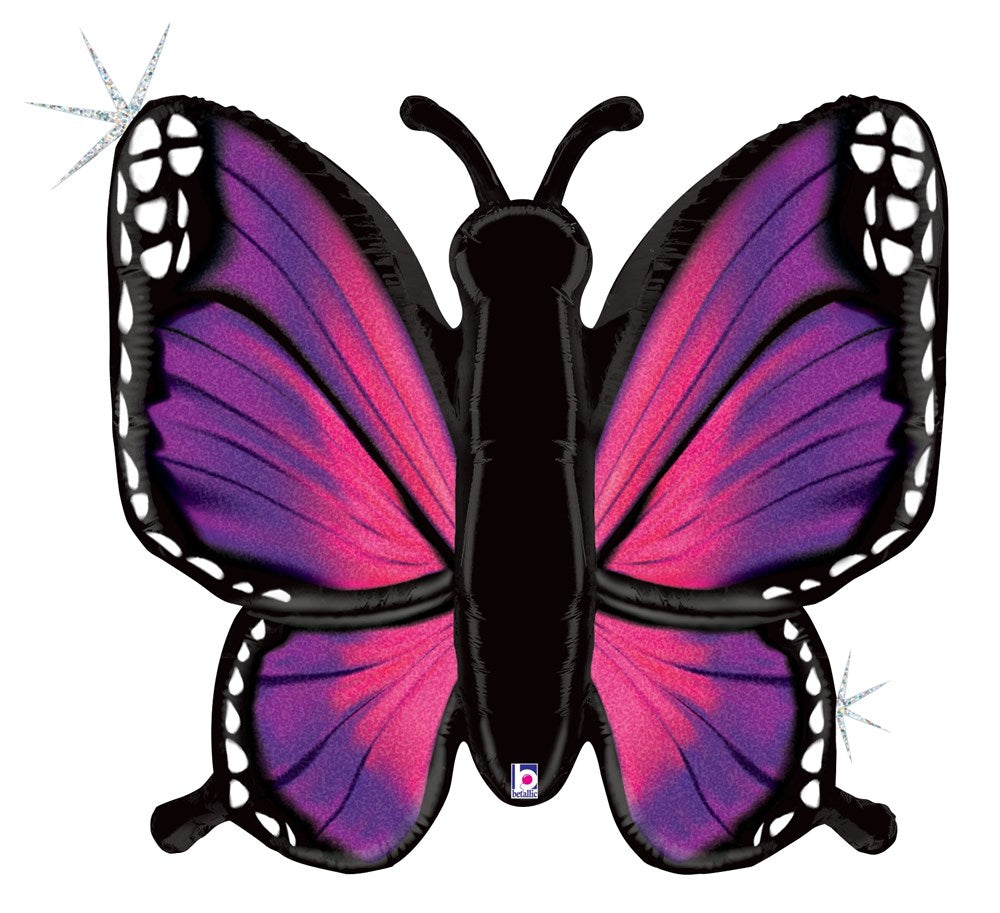 32-inch pink and purple butterfly-shaped foil balloon with black body and holographic glitter details.