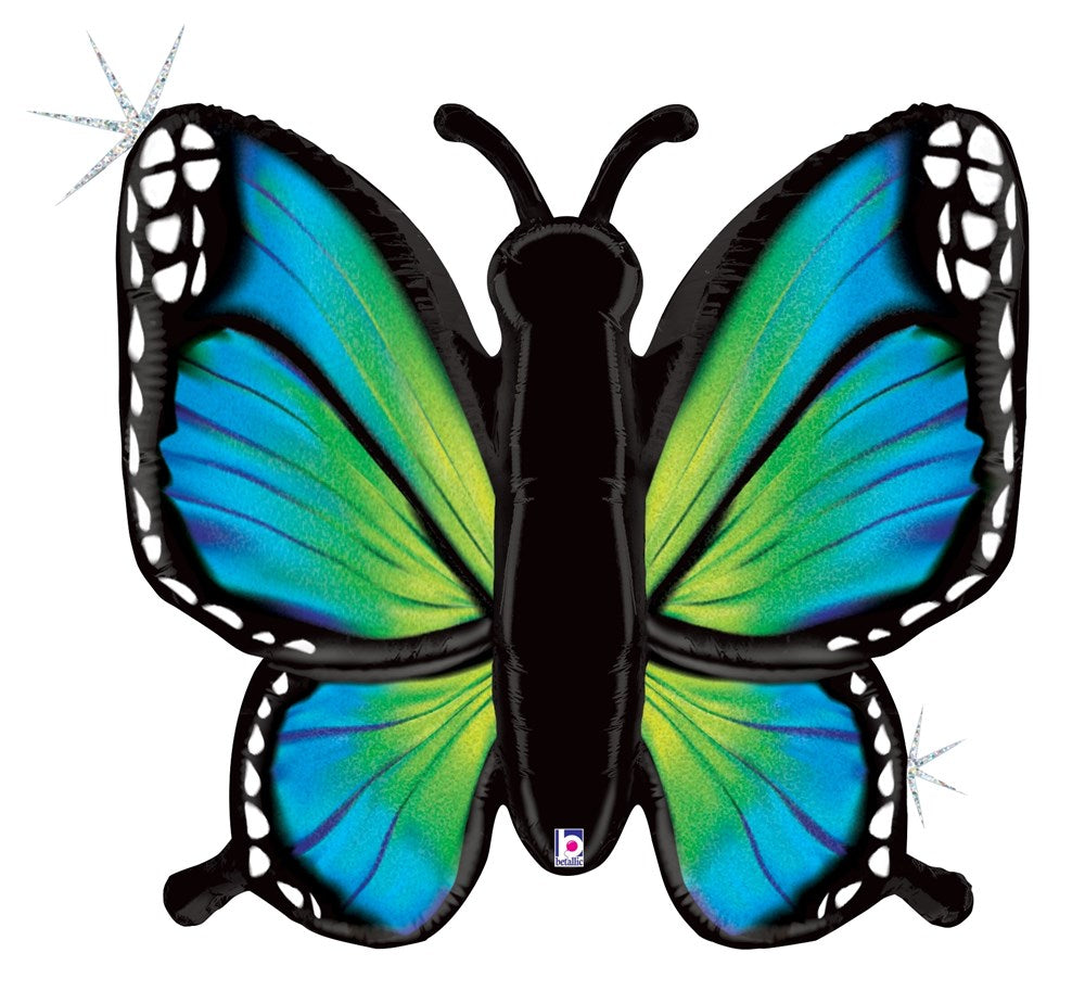 Blue and green holographic butterfly balloon with black body and glittery wing edges.