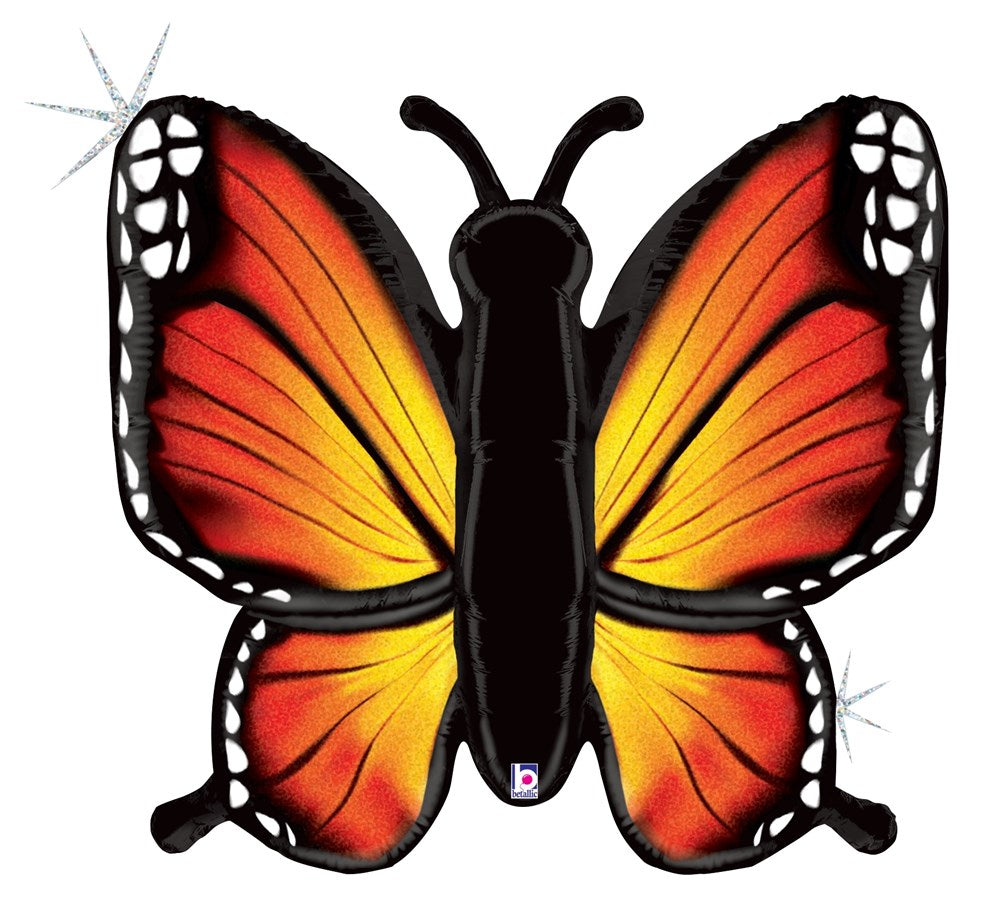 32-inch orange and black butterfly-shaped holographic foil balloon with glitter accents.