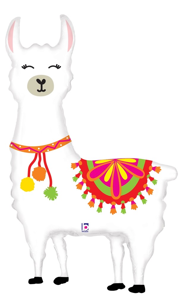 White llama-shaped foil balloon with closed eyes, pink ears, and colorful red, yellow, and green saddle decoration.