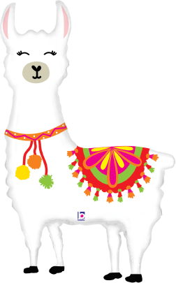 39-inch white foil llama balloon with colorful decorative blanket and closed eyes.
