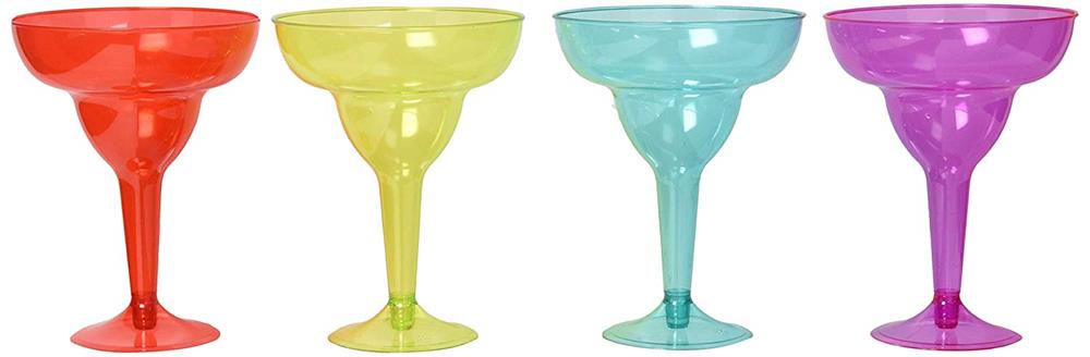 Set of four colorful margarita glasses in red, yellow, blue, and purple plastic with classic wide bowl and slender stem.
