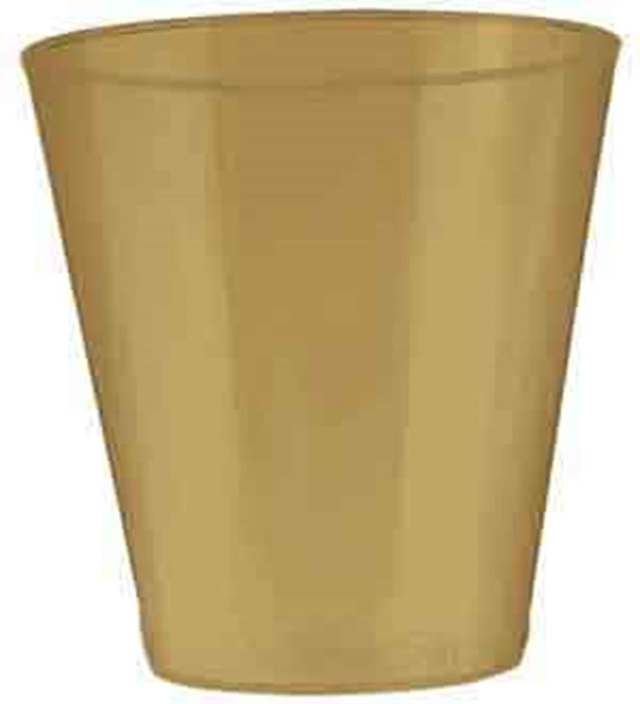 Glossy gold plastic shot glass with a tapered cylindrical shape, 2oz capacity.
