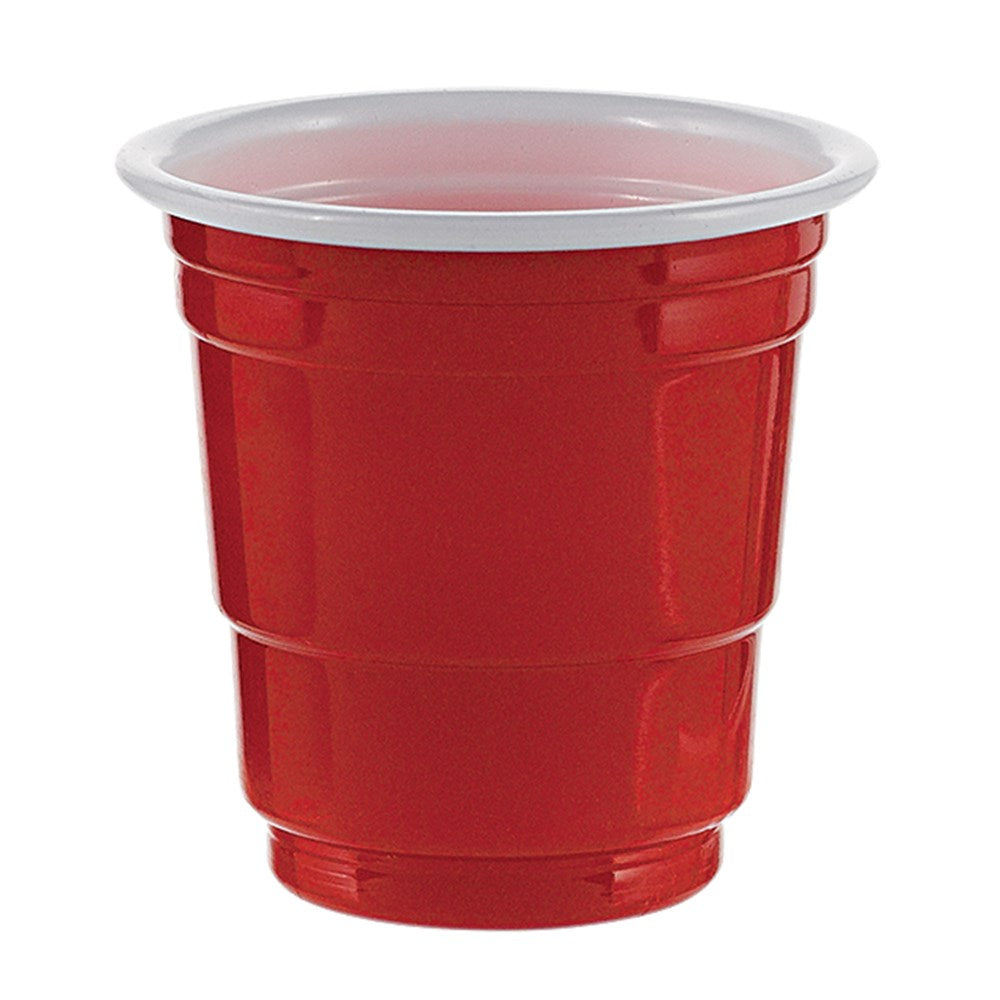 Glossy red plastic shot glass with ridged sides and a white rim, disposable design.