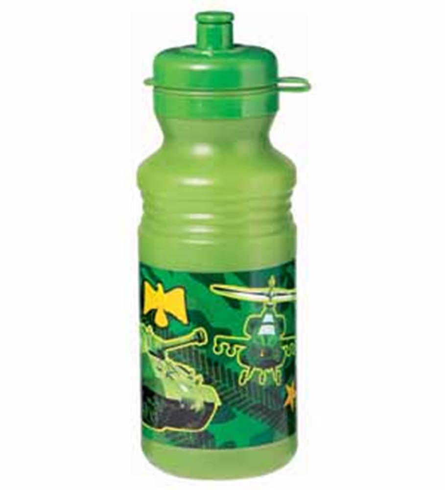 Green plastic water bottle with camo pattern and yellow helicopter and tank graphics, 18oz.