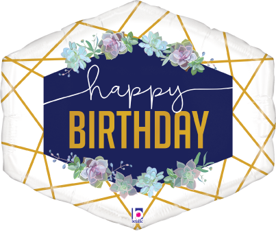 Navy and white geometric foil balloon with gold lines and succulent floral accents, "Happy Birthday" text.