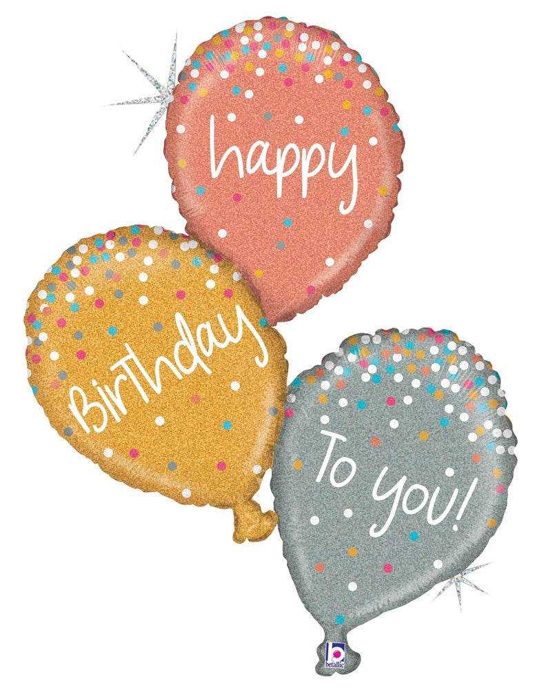 Set of three 32-inch foil balloons in rose gold, gold, and silver with glitter polka dots and "Happy Birthday to You!" text.
