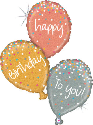 Three 32-inch foil balloons shaped like traditional party balloons in rose gold, gold, and silver with glitter and.