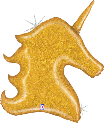 33-inch gold glitter holographic foil balloon shaped like a unicorn head with a prominent horn and flowing mane.