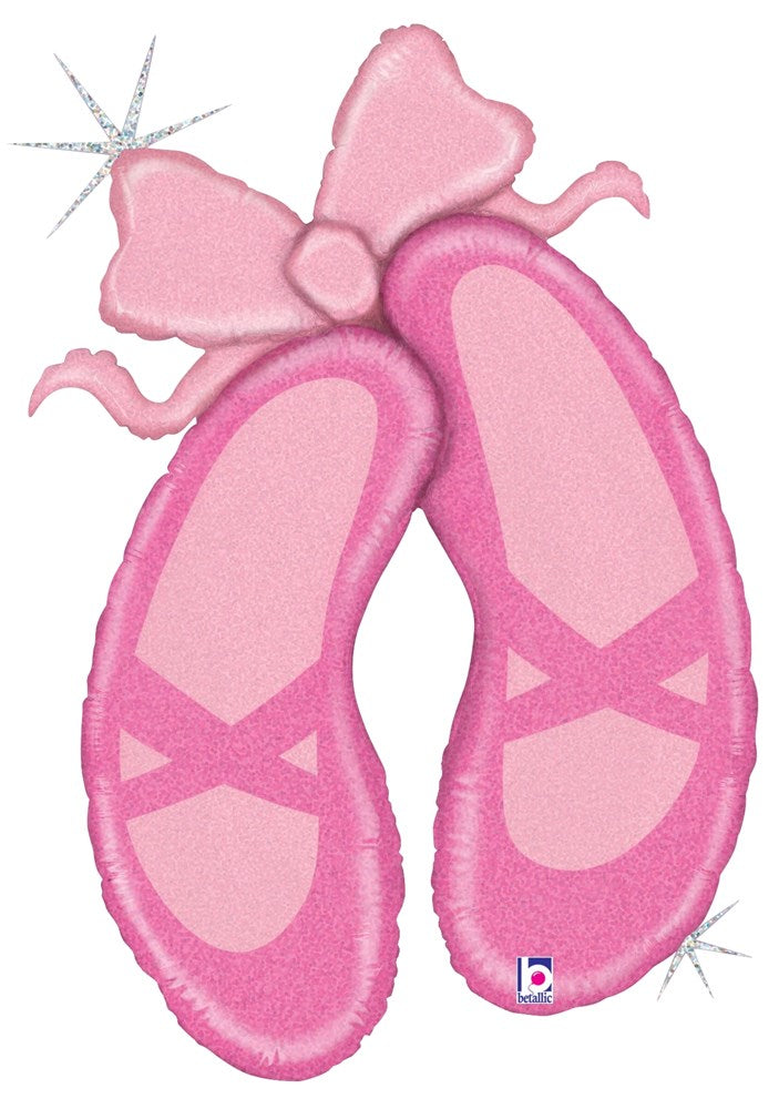 Pink ballet slipper-shaped foil balloon with glittery holographic finish and ribbon details.