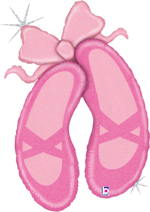 Pink holographic foil balloon shaped like ballet slippers with crossed strap details and glitter accents.