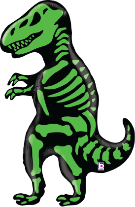 35-inch foil balloon shaped like a green and black T-Rex with skeletal design.