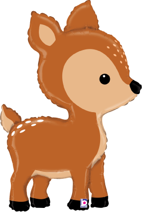 Brown foil balloon shaped like a standing woodland deer with light spots and black eyes and nose.