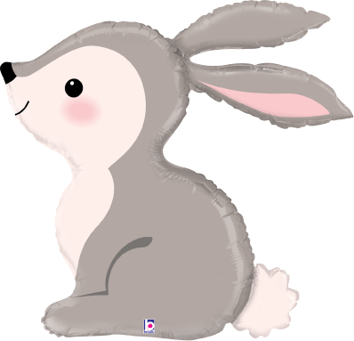 Gray and white foil balloon shaped like a sitting bunny with pink cheeks and inner ears, 31 inches tall.