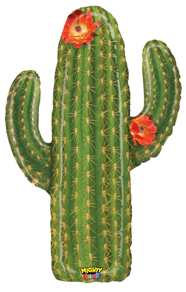 38-inch tall green cactus balloon with two arms and orange flowers on top and side.