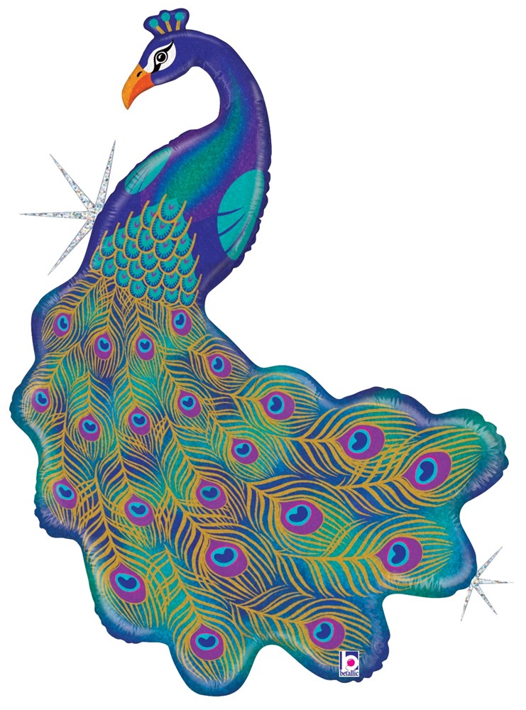 34-inch holographic foil balloon shaped like a vibrant blue and green peacock with detailed glittered tail feathers.