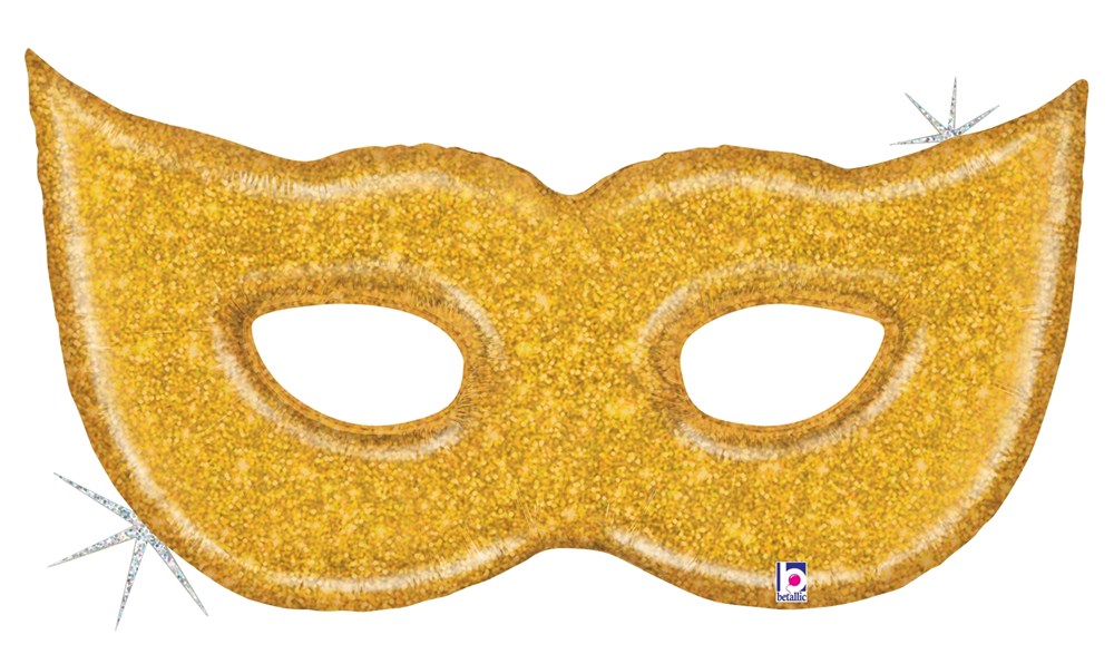 Gold glitter masquerade mask-shaped foil balloon with holographic sparkle, 43 inches wide.