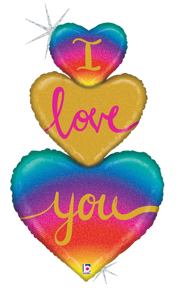 Three 30-inch holographic heart-shaped balloons in rainbow colors with gold accents, reading "I love you" in pink cursive.