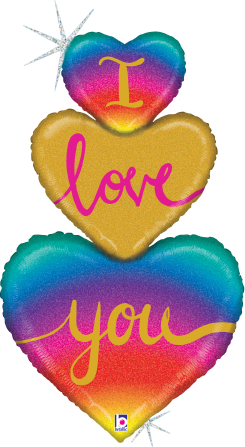 Set of three 30-inch foil balloons shaped as hearts with glittery holographic rainbow colors, featuring gold, pink, and.