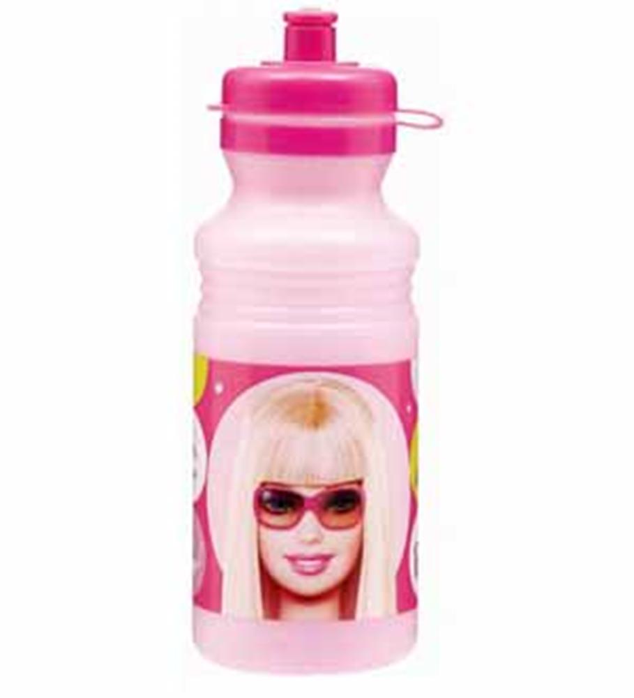 Pink Barbie-themed plastic water bottle with twist cap and Barbie doll face graphic.