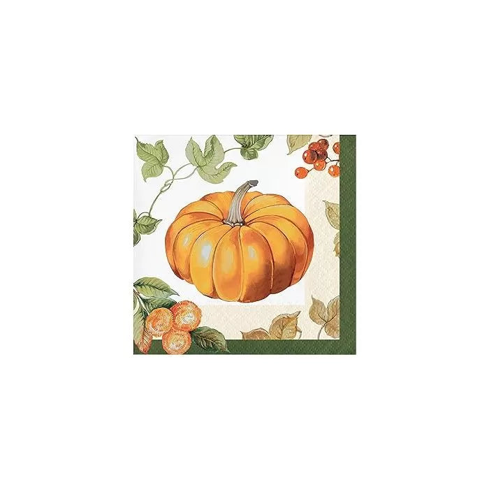 White square beverage napkin with orange pumpkin, green leaves, and small orange berries design on a green border.