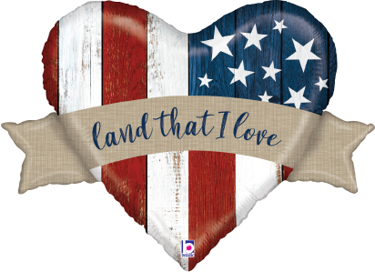 25-inch heart-shaped foil balloon with American flag design and "land that I love" beige banner across center.