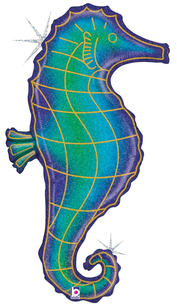 32-inch holographic foil seahorse balloon with blue and green glitter and gold outline.