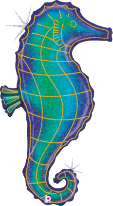 32-inch holographic foil balloon shaped like a blue and purple seahorse with gold accents.