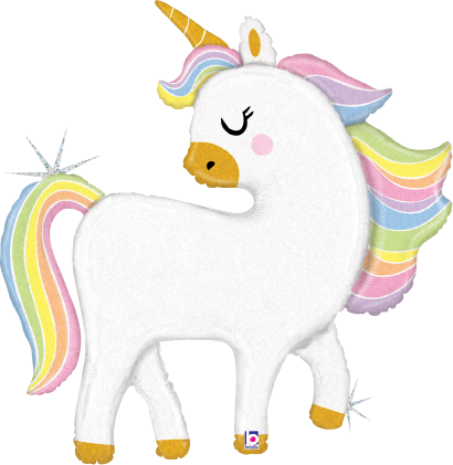37-inch pastel unicorn-shaped glitter foil balloon with holographic finish and rainbow mane and tail.