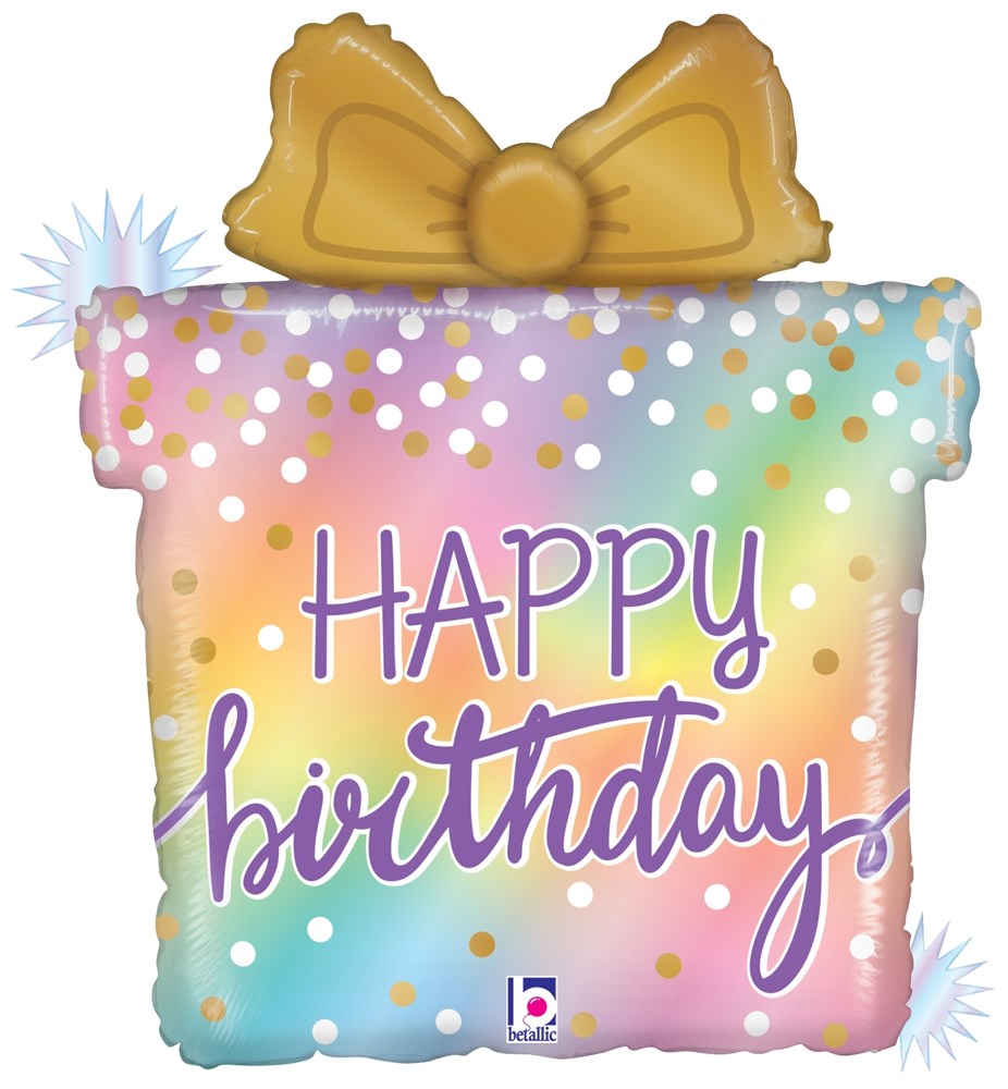 23-inch opal holographic foil balloon shaped like a gift box with gold bow and "Happy birthday" text in purple with confetti